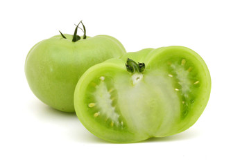 Green Tomato and slice on white