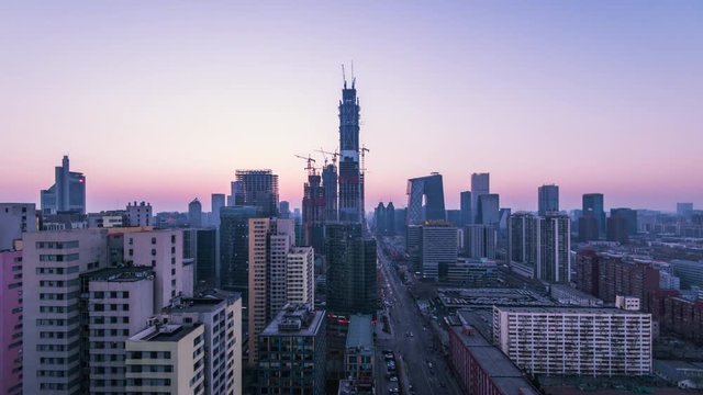 Timelapse. Beijing Landmark, Downtown Skyline at Sunset with Traffic Flow,China.