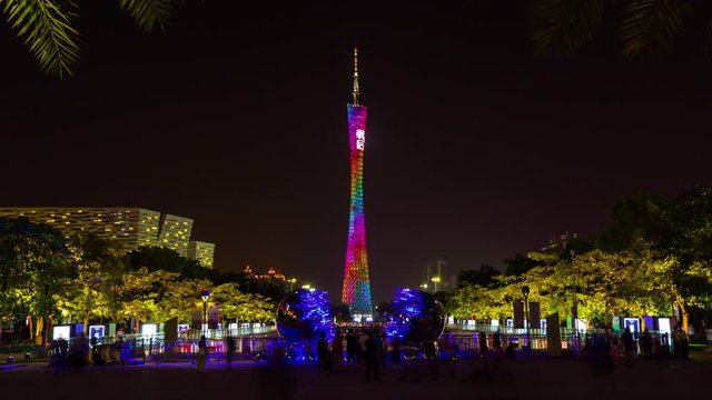 night illumination guangzhou canton tower tianhe square panorama 4k timelapse china
