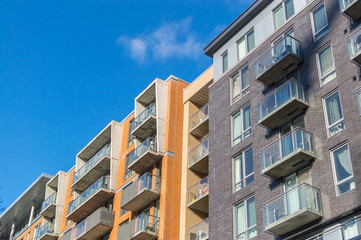 Modern condo buildings with huge windows in Montreal, Canada. 