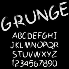Hand drawn font made by dry brush strokes. Grunge style alphabet. Handwritten font. Vector illustration