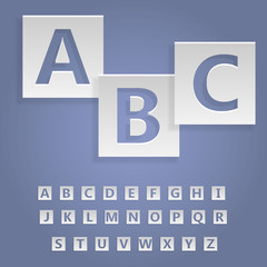 Floating cut paper letters,numbers and symbols of the alphabet on a blue background. paper art style