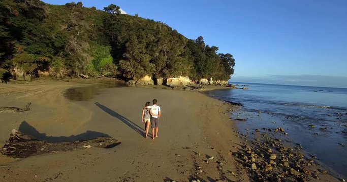 NEW ZEALAND &ndash; MARCH 2016 : Aerial shot over Cathedral Cove Beach on a beautiful day with people in view