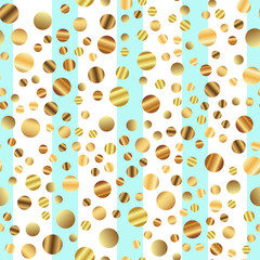 Golden dots seamless pattern on blue striped background. Sublime gradient golden dots endless random scattered confetti on blue striped background. Confetti fall chaotic decor.