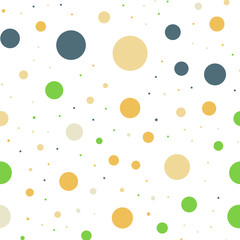 Colorful polka dots seamless pattern on white 13 background. Ideal classic colorful polka dots textile pattern. Seamless scattered confetti fall chaotic decor. Abstract vector illustration.