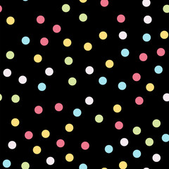 Colorful polka dots seamless pattern on black 4 background. Dazzling classic colorful polka dots textile pattern. Seamless scattered confetti fall chaotic decor. Abstract vector illustration.