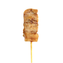 Grilled pork with bamboo stick on white background