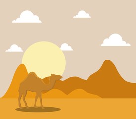 landscape of dry desert with camels 