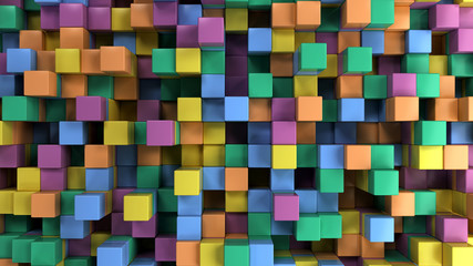 Wall of blue, green, orange and purple cubes