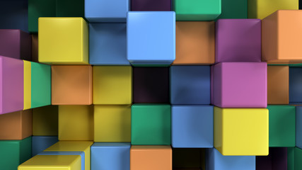 Wall of blue, green, orange and purple cubes