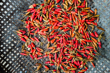 Red chillies, dried chillies, dried chilli peppers on wooden walls.