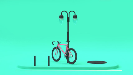 pink road bike-bicycle lamp parks green background cartoon style 3d rendering