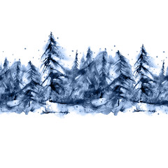 Seamless watercolor linear pattern, border. Blue spruce, pine, cedar, larch, abstract forest, silhouette of trees. On white isolated background.
Winter forest, it's snowing.