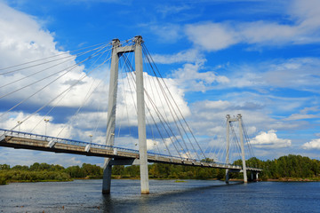 Vynogradovskiy Bridge across the Yenisei river. Cable-stayed bridge to Tatyshev island. Krasnoyarsk, Russia