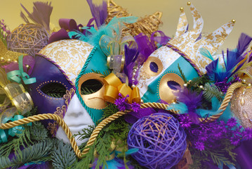 Carnival Arrangement with Mask Porcellain - Masquerade, Ornaments, fir Branches, Baubbles, Ribbons and Golden Decorations