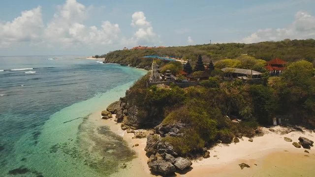 Aerial view of Traditional Hindu temple Pura Geger, Bali,Indonesia. Balinese Hindu Temple, old hindu architecture, Bali Architecture, Ancient design. 4K video. Travel concept. Aerial footage.
