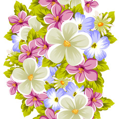 Floral seamless pattern of several flowers and leaves. For design of cards, invitations, posters, banners, greeting for birthday, Valentine's day, wedding, party, holiday, celebration.