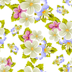 Floral seamless pattern of several flowers and leaves. For design of cards, invitations, posters, banners, greeting for birthday, Valentine's day, wedding, party, holiday, celebration.