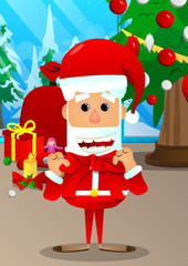 Santa Claus tying red ribbon on his neck. Vector cartoon character illustration.