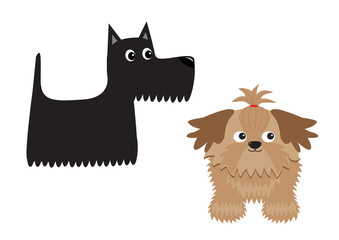 Scottish terrier black dog. Scottie puppy. Shih Tzu. Animal icon set. Cute cartoon character. Pet animal collection. Adopt concept. Flat design. White background. Isolated.