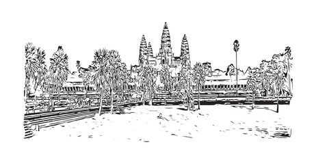 Angkor Wat Temple, Cambodia. Hand drawn sketch illustration in vector.