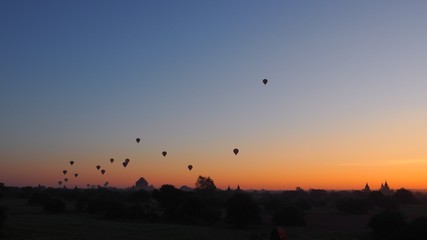 balloon over plain of Bagan in misty morning, Mandalay, Myanmar