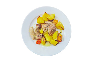 roast chicken with potatoes. isolated on white