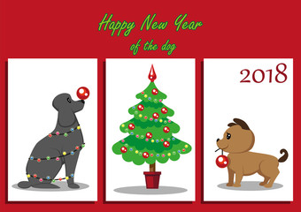 Two cute puppies decorate a Christmas tree with red balls. The dog is decorated with a Christmas garland and keeps a ball on its nose. Christmas card, congratulations on the New Year.