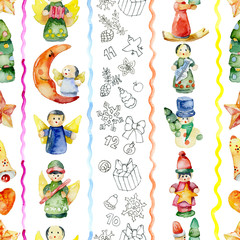 New Year, festive, Christmas, festival, citrus background with toys and tangerines. Watercolor. Illustration