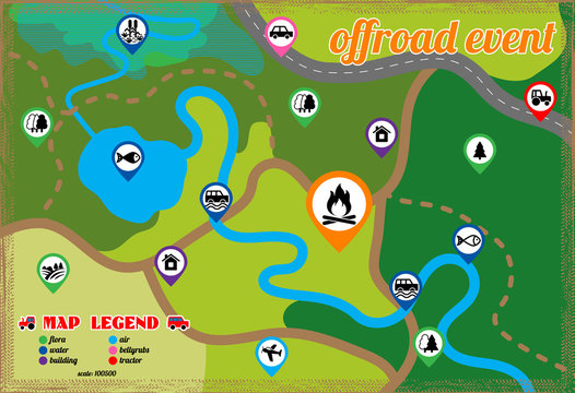 Offroad event and camping map icons set. Vector illustration.