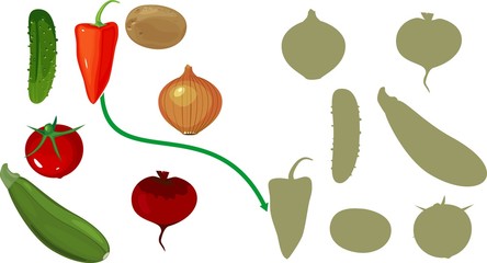 Educational children matching game for children of preschool age. Find the right shade. Vegetables and their shapes.