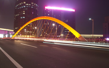 Slow Speed Shutter with the modern bridge in Tianjin City.Travel in Tianjin, China, October 19th, Year 2017