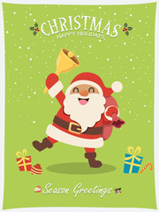 Vintage Christmas poster design with vector Santa Claus, elf, snowman characters.