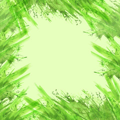 Watercolor frame, card, greeting card and a pattern of green grass, plants.
With a place for your design or inscription.
