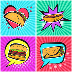 Bright retro comic speech bubbles with cute fastfood symbols. Outline colorful taco, burrito, hamburger, hot dog on cute cartoon bubbles with shiny stripes for restaurant menu advertisement