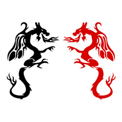 Symbols, Silhouette of a fighting dragon (red, black), sharp tail, on white background,