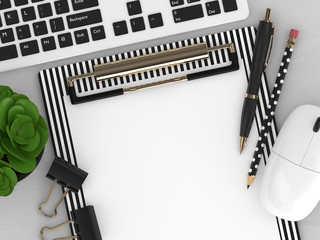 3d render of top view workspace with office tools