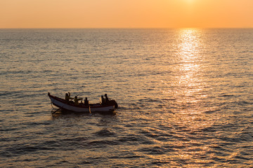 Fishing Netting Boat Oars Rowing Ocean Dawn