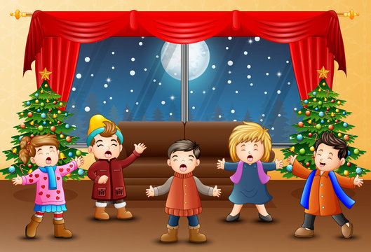 Living room decoration for christmas and new year with singing kids
