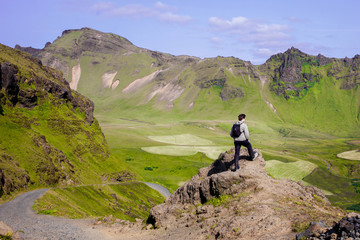 Hiker in Iceland, tourist in the mountains