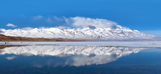 Panorama of Manasarovar lake in Ngari, Western Tibet, China