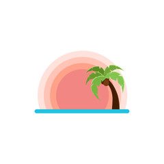 Flat illustration of beach with sunset and palm tree. Vector for logo, sites or product design