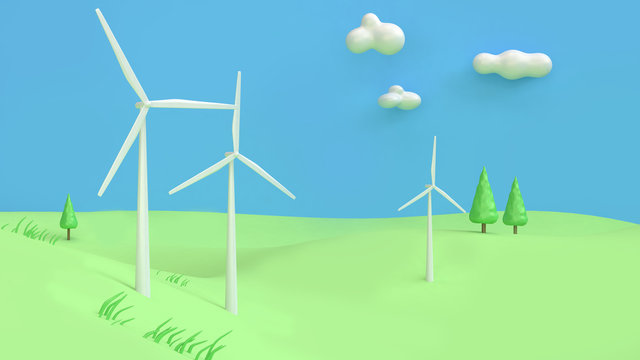 nature energy concept green field turbine 3d rendering cartoon style