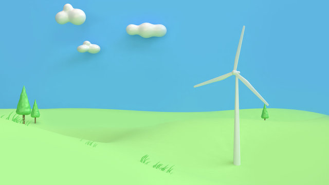 green field nature energy concept turbine 3d rendering cartoon style