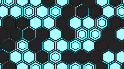 Abstract 3d background made of black hexagons on blue glowing background