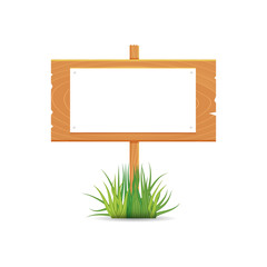 Wooden blank board signs spring time with grass. Vector illustration.