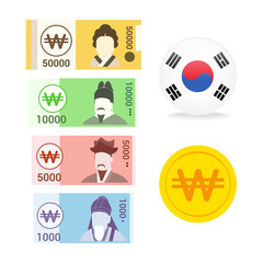 Set of South Korean won (KRW) currency banknotes isolated on white background, vector illustration