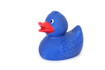 Rubber duck on a white background. A toy. Blue duck. Toy for the bathroom.