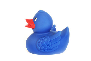Rubber duck on a white background. A toy. Blue duck. Toy for the bathroom.