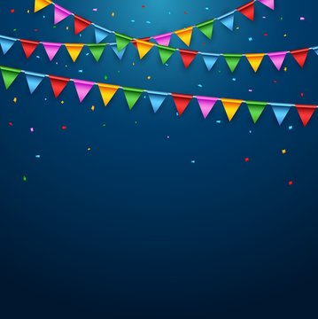 Colorful party flags on blue background